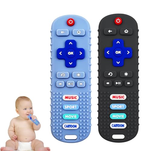 SOLIFEGOBLE 2PCS Baby Cell Phone Toy Infant Teething Sticks, Soft Silicone Baby Remote Control Shape Teethers Toys for Babies 3 6 12 18 Month(Black + Blue) - Image 1