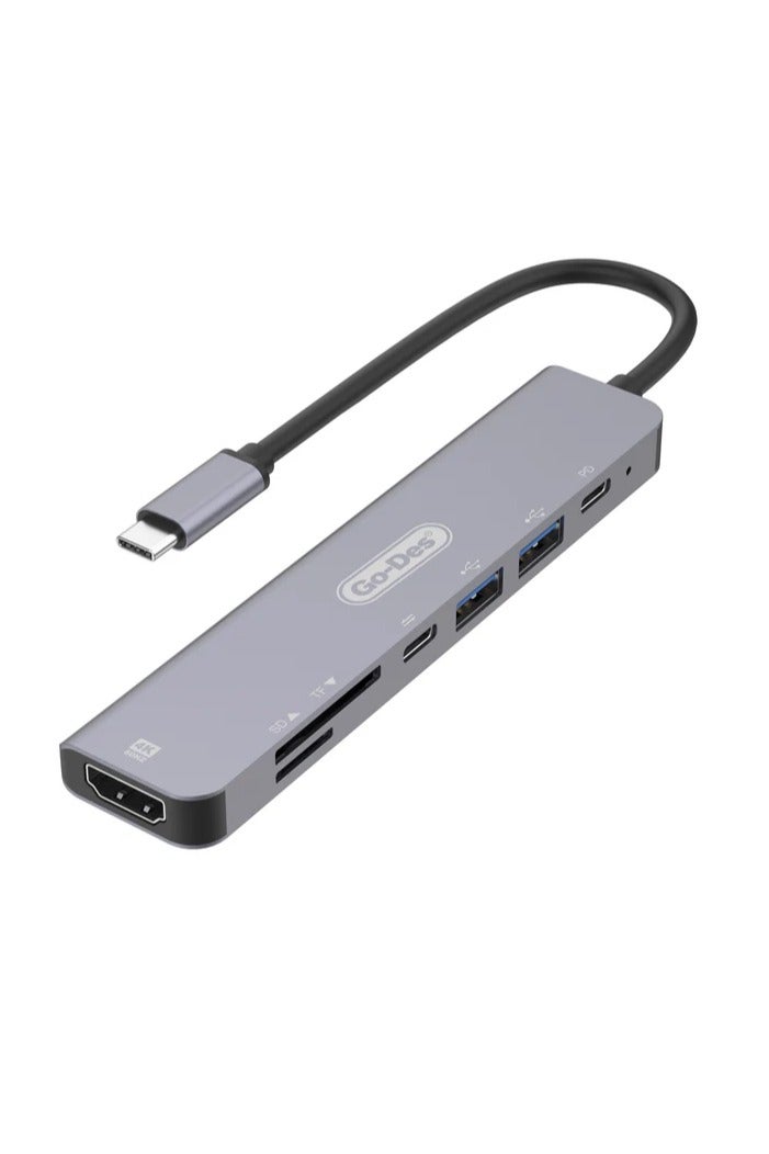 جو-ديز موزع محول USB Type C إلى USB 7 في 1 من Go-Des مع HDMI بدقة 4K وقارئ بطاقات TF/SD وUSB-C وPD للشحن ومنفذي USB-A لأجهزة MacBook والمزيد - Image 1