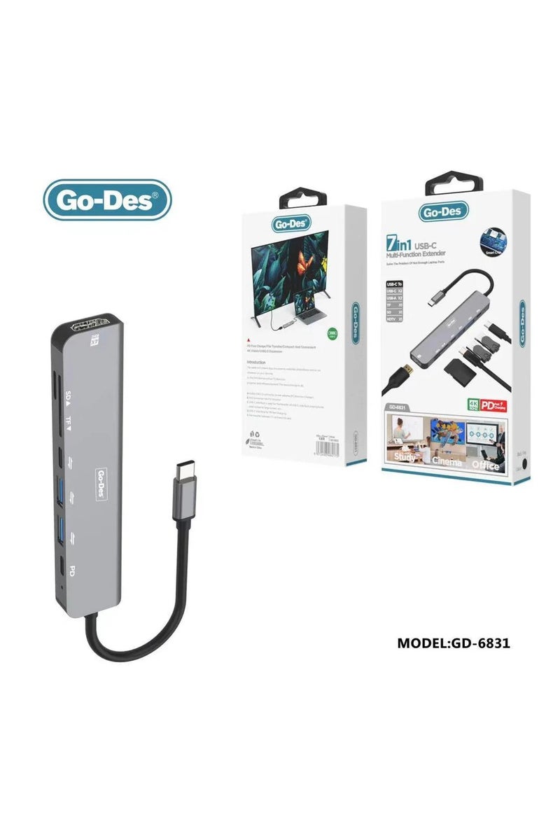 جو-ديز موزع محول USB Type C إلى USB 7 في 1 من Go-Des مع HDMI بدقة 4K وقارئ بطاقات TF/SD وUSB-C وPD للشحن ومنفذي USB-A لأجهزة MacBook والمزيد - Image 2