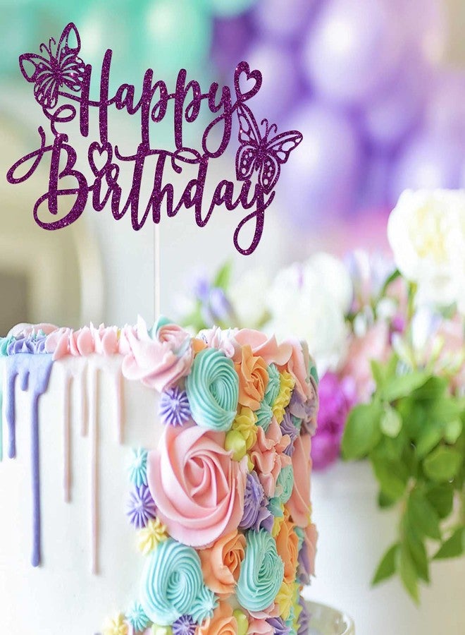 LETLIMIT Purple Glitter Butterfly Happy Birthday Cake Topper Nature insects Theme Decor Supplies Girls Woman Happy Birthday Party Decorations - Image 4