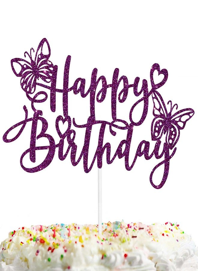 LETLIMIT Purple Glitter Butterfly Happy Birthday Cake Topper Nature insects Theme Decor Supplies Girls Woman Happy Birthday Party Decorations - Image 2