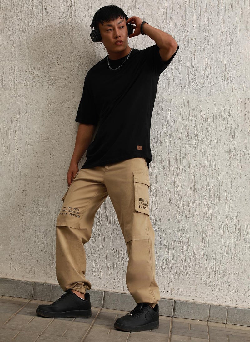 Hubberholme Men's Khaki Cotton Blend Solid Pattern Full Length Cargo Relaxed Trouser - Image 1