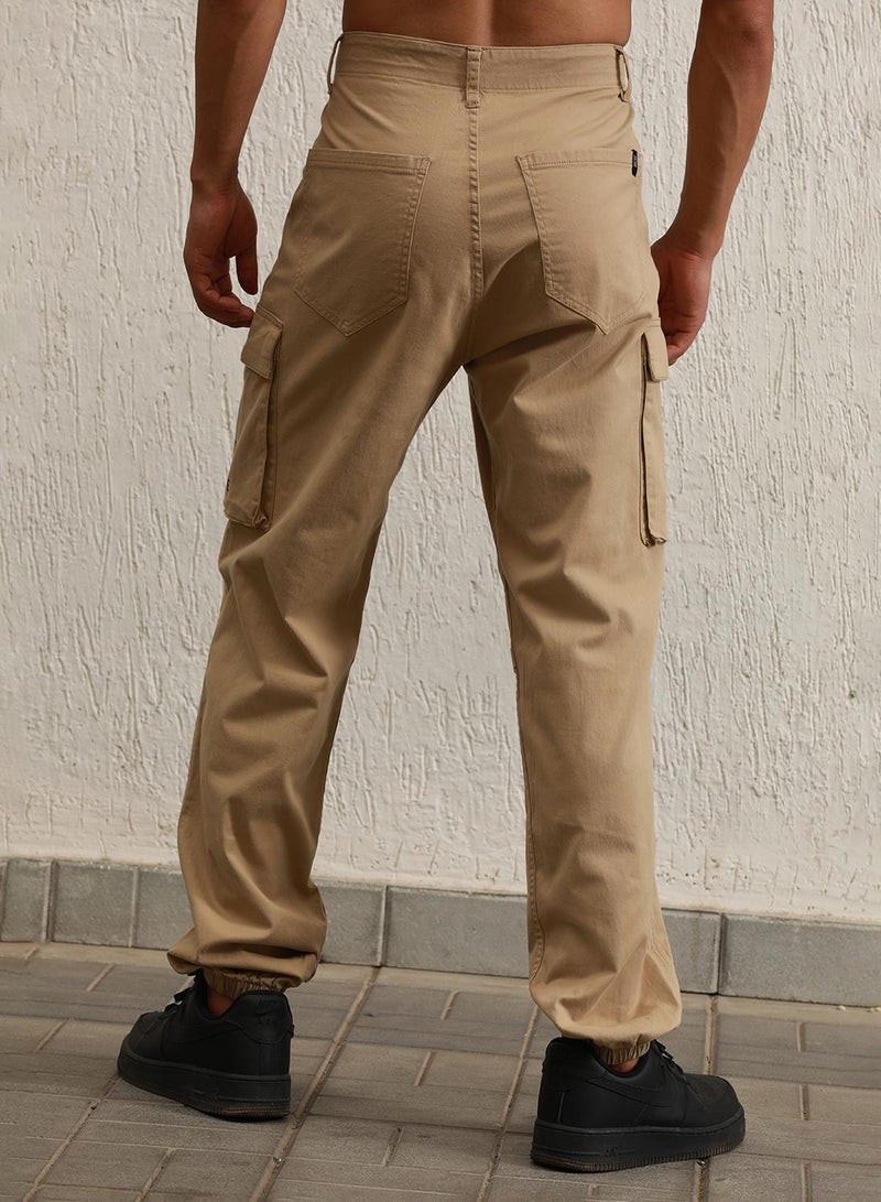Hubberholme Men's Khaki Cotton Blend Solid Pattern Full Length Cargo Relaxed Trouser - Image 3