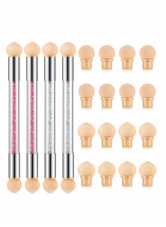 SYOSI Nail Art Brushes, Double Head Sponge Nail Art Tool, Gradient Nail Brush, Rhinestone Handle Acrylic Nail Painting Brush, with 16 Pieces Replacement Head for Nail Art Manicure, 4 Pieces (Pink, White)  - Image 1