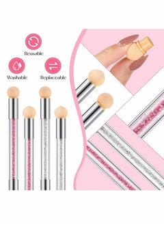SYOSI Nail Art Brushes, Double Head Sponge Nail Art Tool, Gradient Nail Brush, Rhinestone Handle Acrylic Nail Painting Brush, with 16 Pieces Replacement Head for Nail Art Manicure, 4 Pieces (Pink, White)  - Image 2