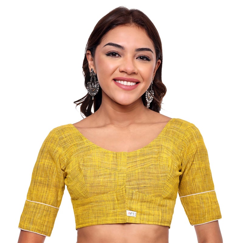 JISB Women's Cotton Micro Checks Elbiow Sleeve Blouse (44, Mustard) - Image 5