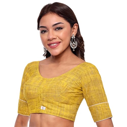 JISB Women's Cotton Micro Checks Elbiow Sleeve Blouse (44, Mustard) - Image 2