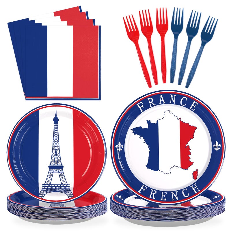 Grencian 96Pcs France French Flag Party Supplies French Flag Party Plates and Napkins Disposable France Flag Tableware Set for French Party Decor Paris Theme Party Decorations Birthday Family Gathering Serve24 - Image 1