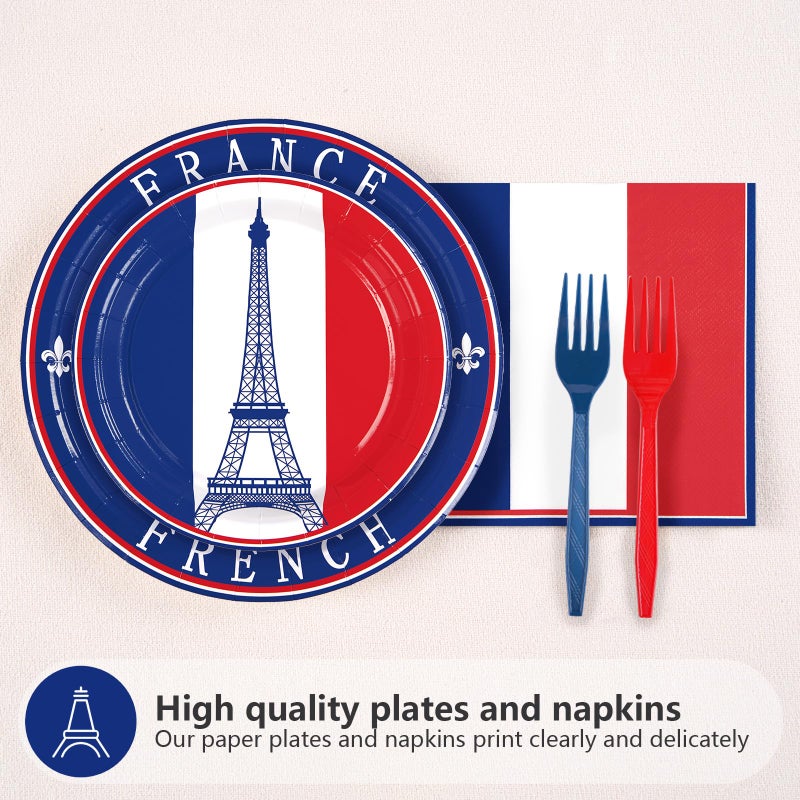 Grencian 96Pcs France French Flag Party Supplies French Flag Party Plates and Napkins Disposable France Flag Tableware Set for French Party Decor Paris Theme Party Decorations Birthday Family Gathering Serve24 - Image 3