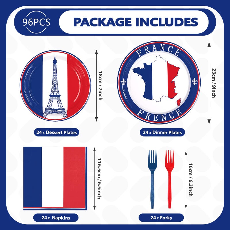 Grencian 96Pcs France French Flag Party Supplies French Flag Party Plates and Napkins Disposable France Flag Tableware Set for French Party Decor Paris Theme Party Decorations Birthday Family Gathering Serve24 - Image 2