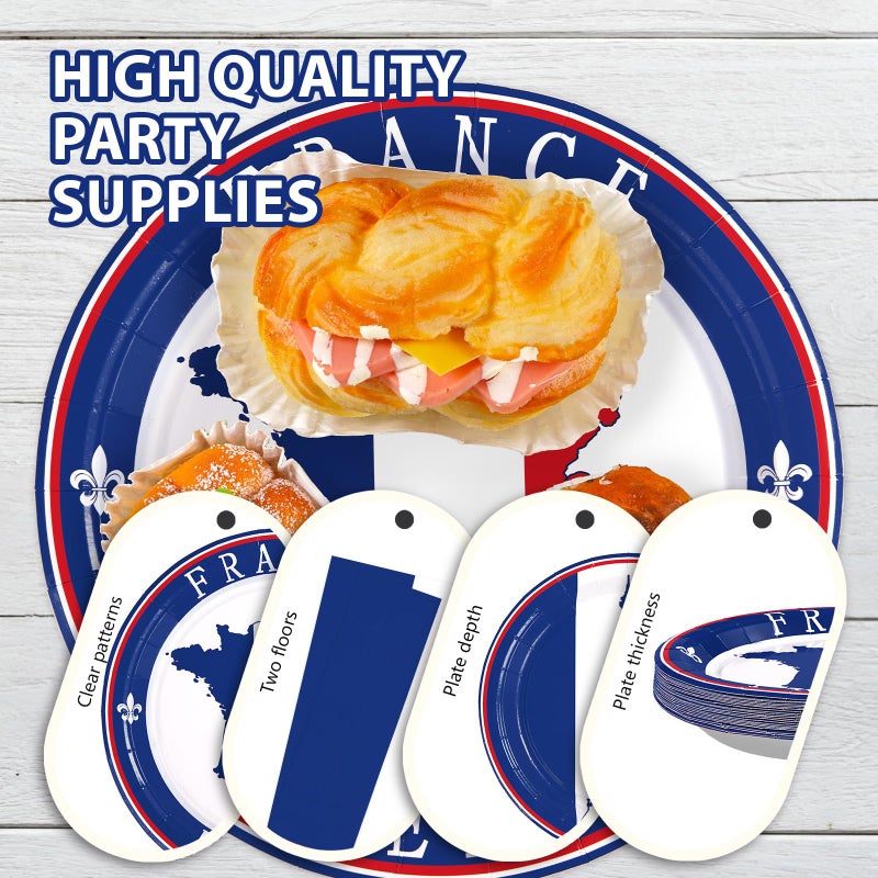 Grencian 96Pcs France French Flag Party Supplies French Flag Party Plates and Napkins Disposable France Flag Tableware Set for French Party Decor Paris Theme Party Decorations Birthday Family Gathering Serve24 - Image 5