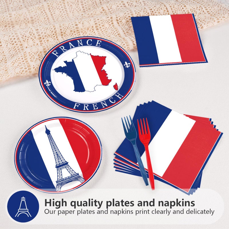 Grencian 96Pcs France French Flag Party Supplies French Flag Party Plates and Napkins Disposable France Flag Tableware Set for French Party Decor Paris Theme Party Decorations Birthday Family Gathering Serve24 - Image 4
