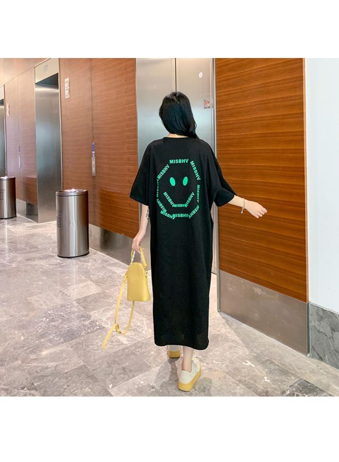 South Korea Plus Size T-shirt Women's Summer Smiley Cartoon Dress Women's Loose Split Mid-length Over-the-knee Long Skirt