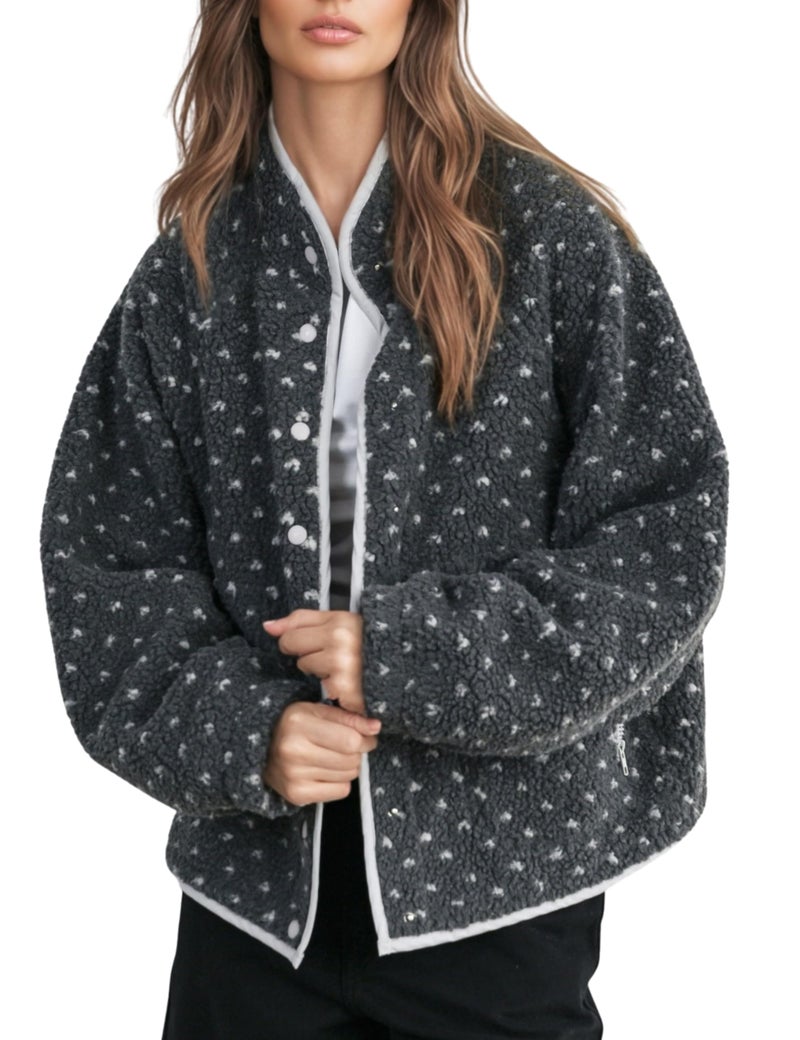 Meyhad Women's Fleece Jacket Button Down Lapel Collar Sherpa Jackets Long Sleeve Contrast Quilted Outerwear(1006-Grey-M) - Image 1