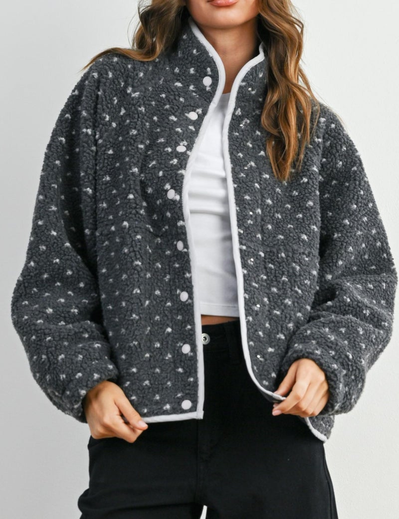 Meyhad Women's Fleece Jacket Button Down Lapel Collar Sherpa Jackets Long Sleeve Contrast Quilted Outerwear(1006-Grey-M) - Image 2