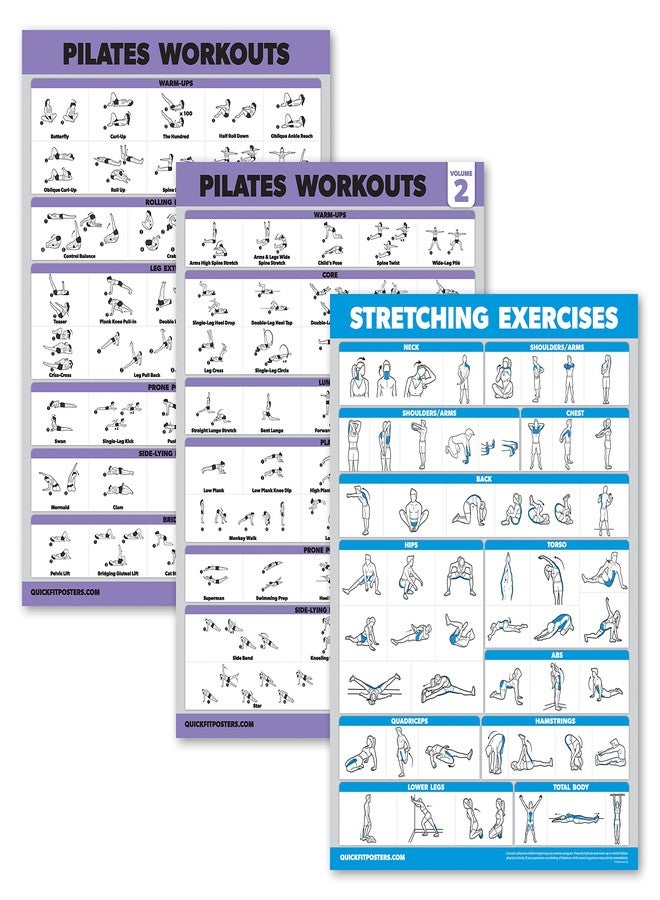 Palace Learning 3 Pack - Pilates Workout Poster Set Volume 1 & 2 + Stretching Routine - Pilates Mat Work Exercises - Fitness Charts (18" x 24", LAMINATED) - Image 1