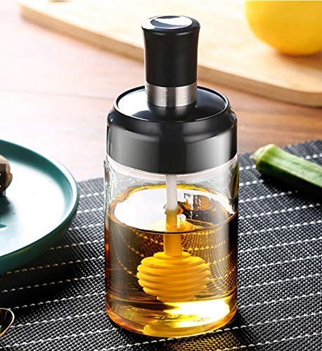 Bhavyam multipurpose transparent honey storage jar with dipper spoon stick,glass honey jar with spoon spreader,thick liquid honey tomato catchup sauce bottle with lid(250 ml/empty) (1) - Image 1