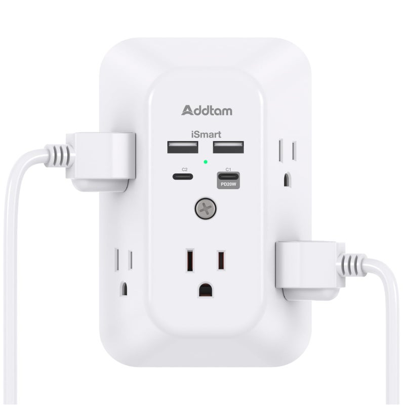 Addtam USB Wall Charger Surge Protector, 5 Outlet Extender with 4 USB Charging Ports 3 Sided 1800J Power Strip Multi Plug Outlets, Wall Adapter Spaced for Home Office, PD 20W - Image 1