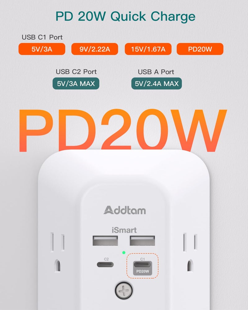 Addtam USB Wall Charger Surge Protector, 5 Outlet Extender with 4 USB Charging Ports 3 Sided 1800J Power Strip Multi Plug Outlets, Wall Adapter Spaced for Home Office, PD 20W - Image 3
