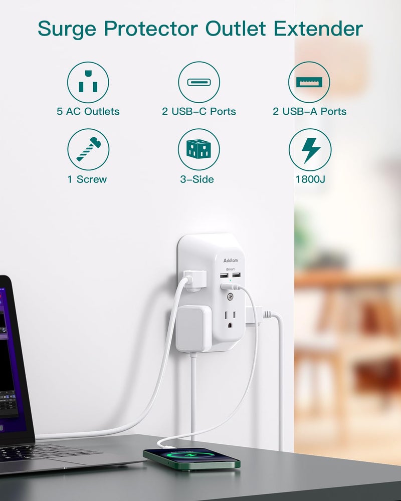 Addtam USB Wall Charger Surge Protector, 5 Outlet Extender with 4 USB Charging Ports 3 Sided 1800J Power Strip Multi Plug Outlets, Wall Adapter Spaced for Home Office, PD 20W - Image 2