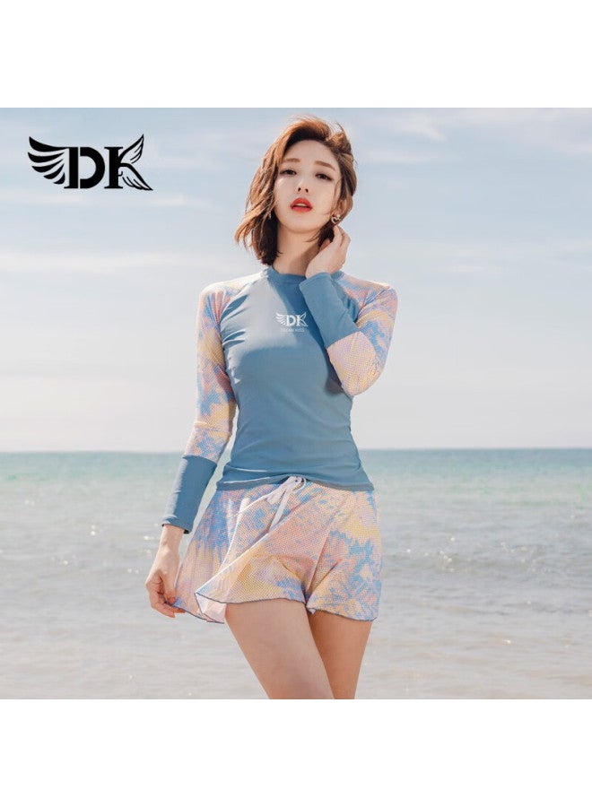 Dk Women's Two-piece Swimsuit, Korean Style, Conservative, Tummy-concealing, Slimming, Hot Spring, Sports, Swimming Costume, Light Blue Floral, Long Sleeve Skirt, M - Image 4