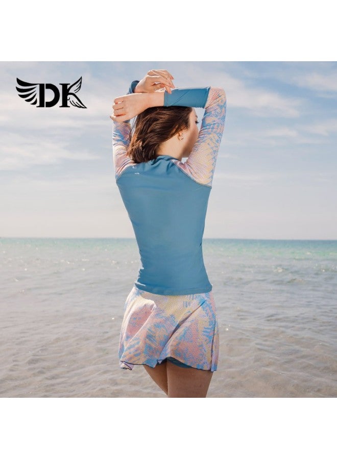 Dk Women's Two-piece Swimsuit, Korean Style, Conservative, Tummy-concealing, Slimming, Hot Spring, Sports, Swimming Costume, Light Blue Floral, Long Sleeve Skirt, M - Image 2