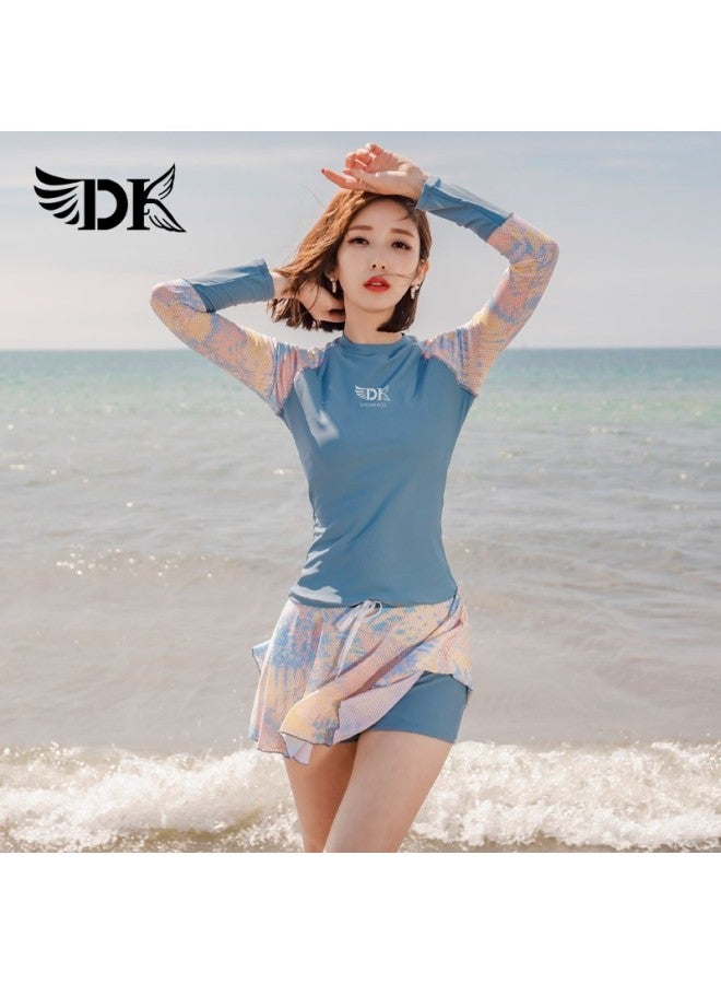 Dk Women's Two-piece Swimsuit, Korean Style, Conservative, Tummy-concealing, Slimming, Hot Spring, Sports, Swimming Costume, Light Blue Floral, Long Sleeve Skirt, M - Image 5
