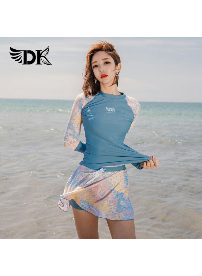 Dk Women's Two-piece Swimsuit, Korean Style, Conservative, Tummy-concealing, Slimming, Hot Spring, Sports, Swimming Costume, Light Blue Floral, Long Sleeve Skirt, M - Image 1