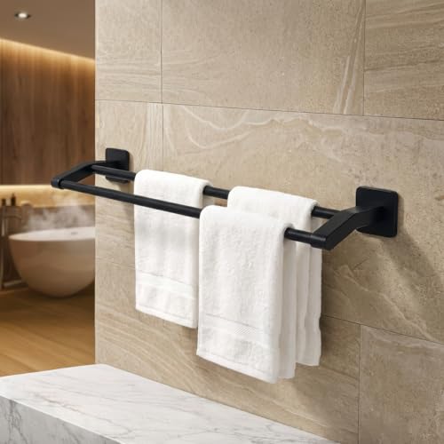 MIORAH Self Adhesive Aluminium Towel Holder for Bathroom | Wall Mounted Towel Hanger & Towel Rod | Rust - Free Powder Coated Bathroom Accessories | Space Saving Towel Rack Stand for Home Black - Image 1