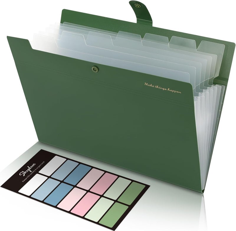 Skydue Expanding File Folders with 8 Pockets, Accordion File Organizer with Labels, Portable Paper Bill Receipt Organizer, Letter Size, Home School Office Supplies, Olive Green - Image 1
