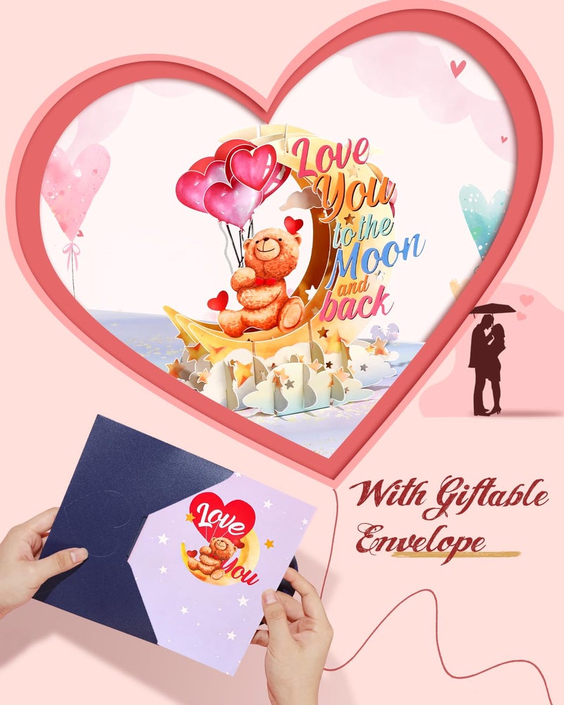 JMHACHY Pop Up Valentine's Card - Cute Teddy Bear 3D Anniversary Cards with Envelopes, Heart-shaped Balloons Love You to The Moon and Back Card for Wife Husband Him Her Boyfriend Girlfriend - Image 2