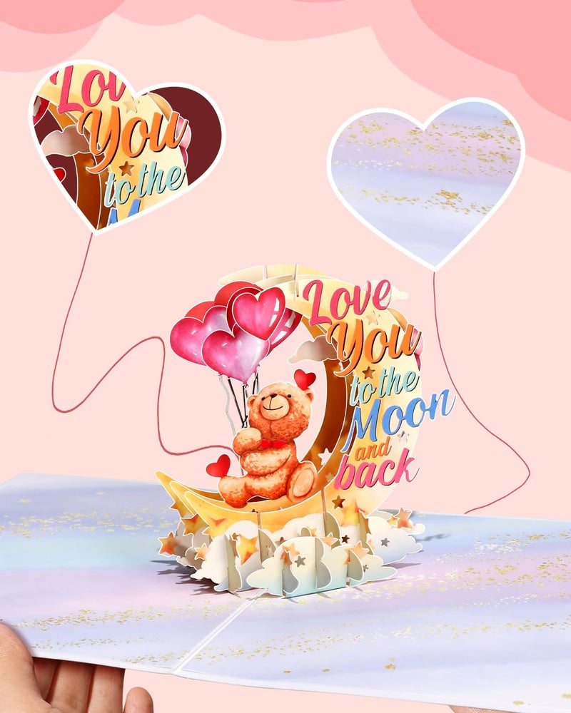 JMHACHY Pop Up Valentine's Card - Cute Teddy Bear 3D Anniversary Cards with Envelopes, Heart-shaped Balloons Love You to The Moon and Back Card for Wife Husband Him Her Boyfriend Girlfriend - Image 3