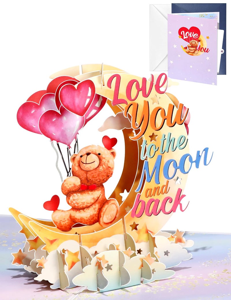 JMHACHY Pop Up Valentine's Card - Cute Teddy Bear 3D Anniversary Cards with Envelopes, Heart-shaped Balloons Love You to The Moon and Back Card for Wife Husband Him Her Boyfriend Girlfriend - Image 1