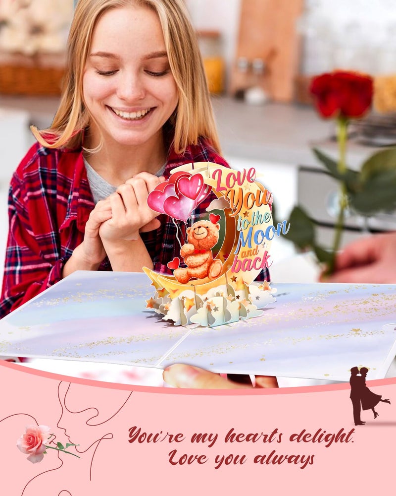 JMHACHY Pop Up Valentine's Card - Cute Teddy Bear 3D Anniversary Cards with Envelopes, Heart-shaped Balloons Love You to The Moon and Back Card for Wife Husband Him Her Boyfriend Girlfriend - Image 5