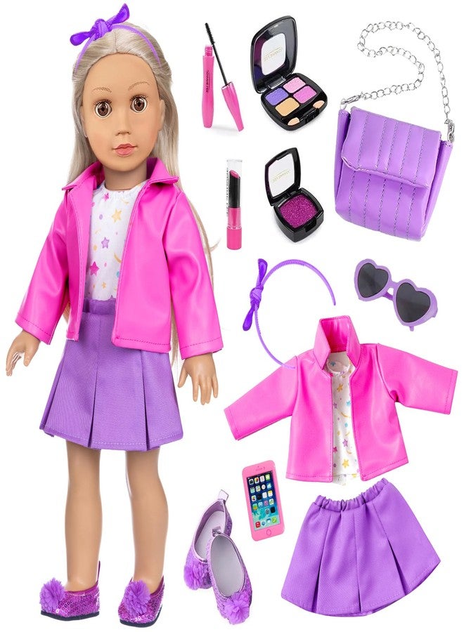 DOTVOSY American 18 Inch Dolls Clothes and Makeup Accessories,Cosmetic Toys Shoulder Bags Gift Playset Fit for 18" Doll Including Skirt Outfit Eye Shadow Lipstick Blusher Headband,Doll Not Include - Image 1