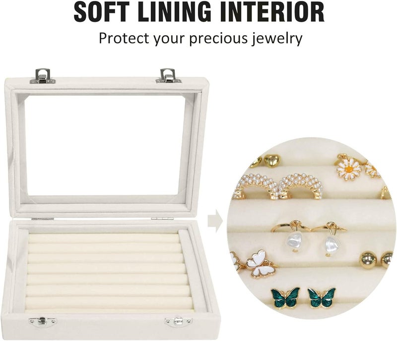 Vicoter Rings Organizer Tray 7 Slots Velvet Jewelry Earring Storage Box with Transparent lid Jewelry Display Case for Girls Wife Mom Women (Beige) - Image 3
