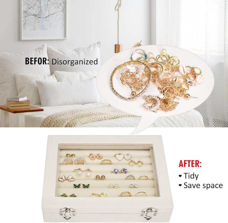 Vicoter Rings Organizer Tray 7 Slots Velvet Jewelry Earring Storage Box with Transparent lid Jewelry Display Case for Girls Wife Mom Women (Beige) - Image 5