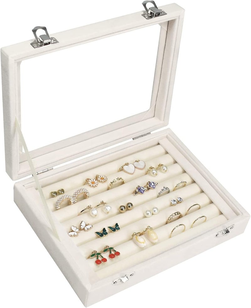Vicoter Rings Organizer Tray 7 Slots Velvet Jewelry Earring Storage Box with Transparent lid Jewelry Display Case for Girls Wife Mom Women (Beige) - Image 1