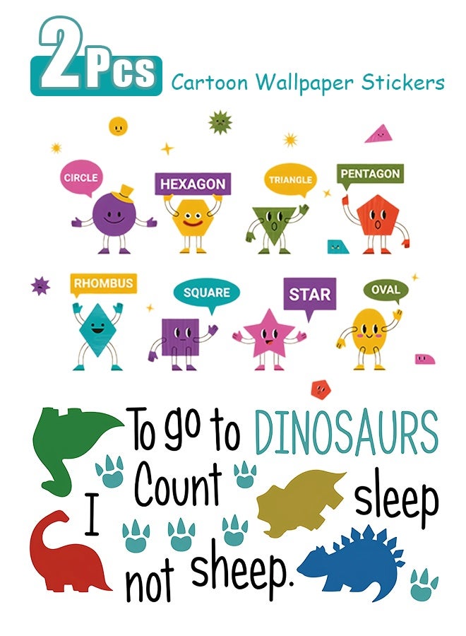 "2 pcs Cartoon Geometric Shapes Wall Stickers for Kids Room - Self-Adhesive Educational Decals with English Names " - Image 1