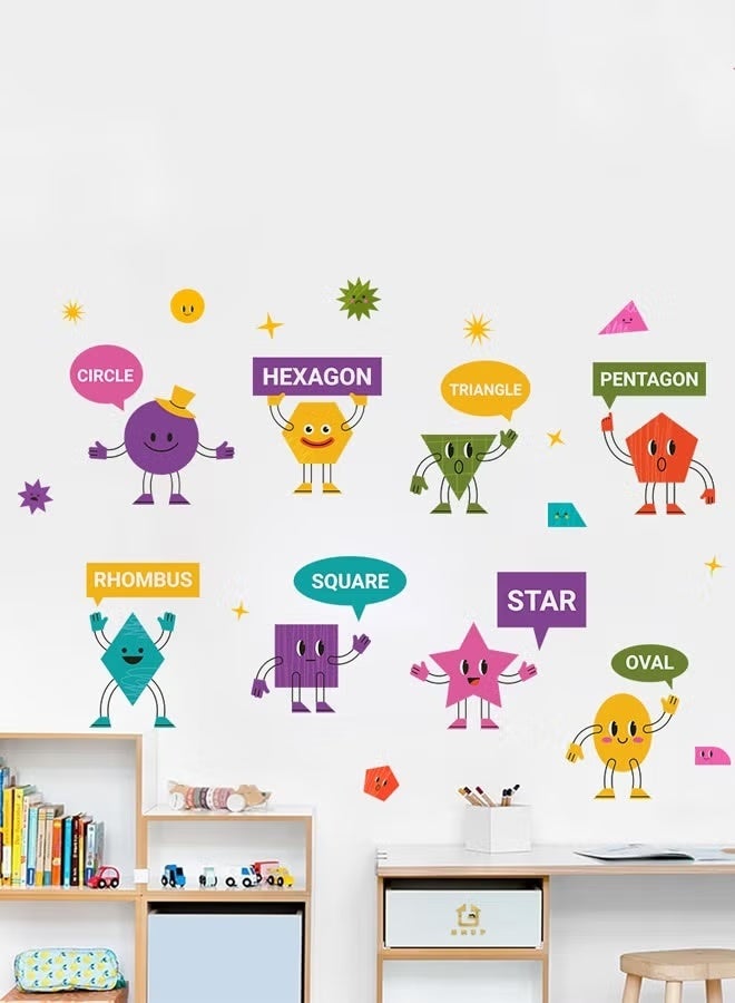 "2 pcs Cartoon Geometric Shapes Wall Stickers for Kids Room - Self-Adhesive Educational Decals with English Names " - Image 3