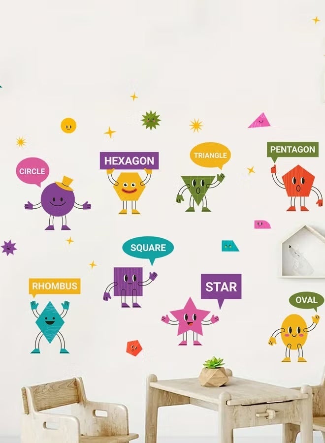 "2 pcs Cartoon Geometric Shapes Wall Stickers for Kids Room - Self-Adhesive Educational Decals with English Names " - Image 2