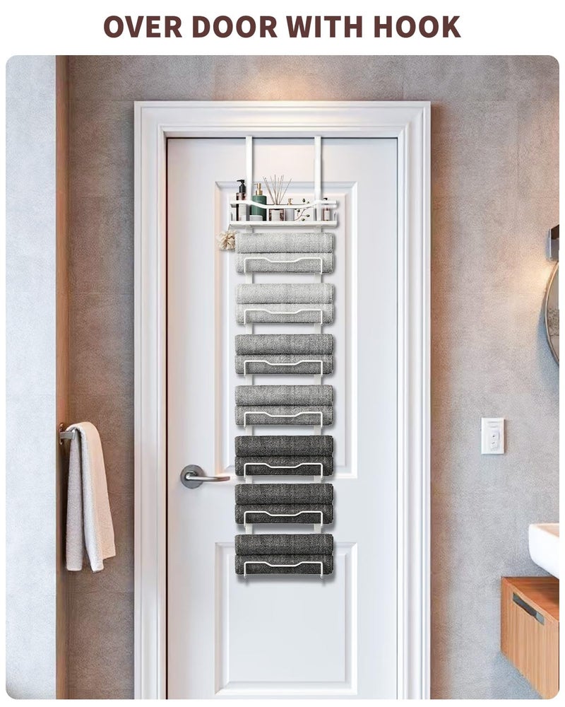 Aetyord Hanging Towel Racks for Bathroom No Drill - Over The Door 8-Tier Bath Towel Storage Organizer for Small Bathrooms - Back Door Large Tiered Towel Holder Hanger for Rolled Towels RV Camper White - Image 2