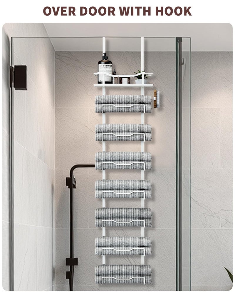 Aetyord Hanging Towel Racks for Bathroom No Drill - Over The Door 8-Tier Bath Towel Storage Organizer for Small Bathrooms - Back Door Large Tiered Towel Holder Hanger for Rolled Towels RV Camper White - Image 3