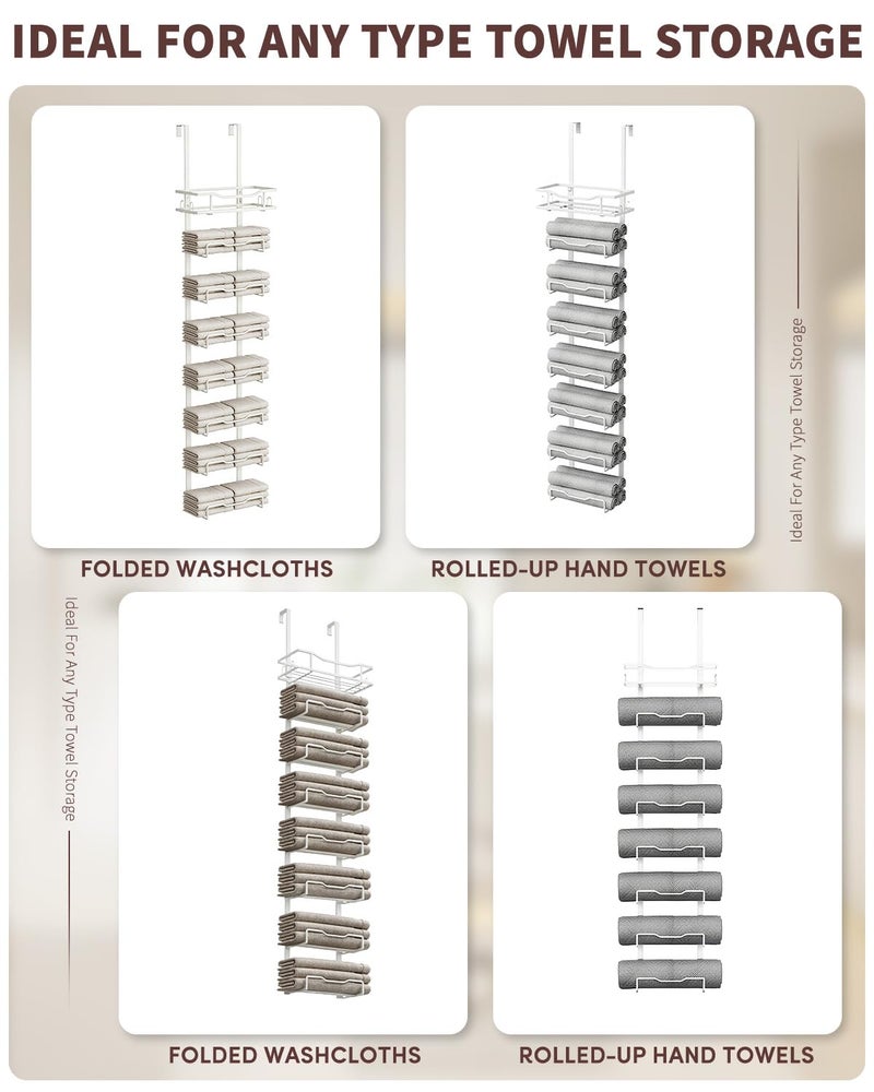 Aetyord Hanging Towel Racks for Bathroom No Drill - Over The Door 8-Tier Bath Towel Storage Organizer for Small Bathrooms - Back Door Large Tiered Towel Holder Hanger for Rolled Towels RV Camper White - Image 5