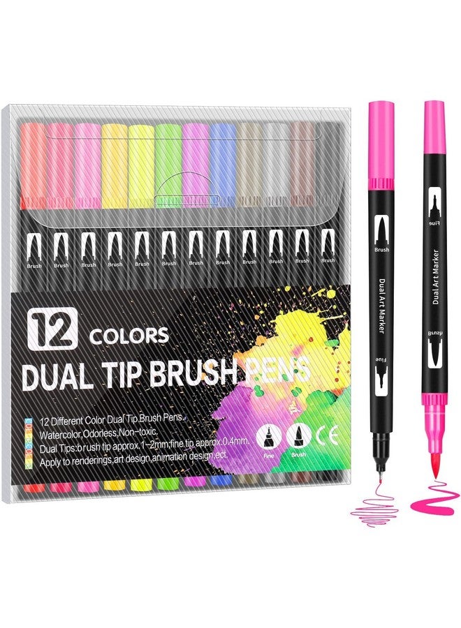 Corslet مجموعة أقلام فرشاة مزدوجة الطرف 12 قطعة بألوان 12، أقلام تلوين، أدوات فنية للأطفال والبالغين، كتاب تلوين، أدوات فنية، قلم فرشاة برأس دقيق للرسم والتخطيط - Image 1