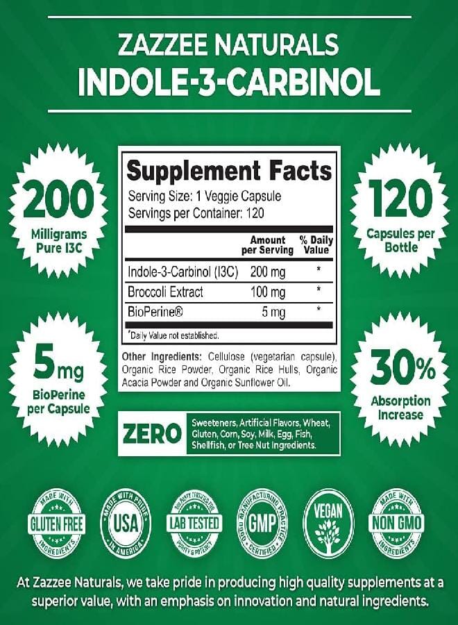 Zazzee High Absorption Indole-3-Carbinol (I3C), 200 mg per Capsule, 120 Vegan Capsules, 4 Month Supply, 5 mg BioPerine for Enhanced Absorption, 100% Vegetarian, All-Natural and Non-GMO - Image 2