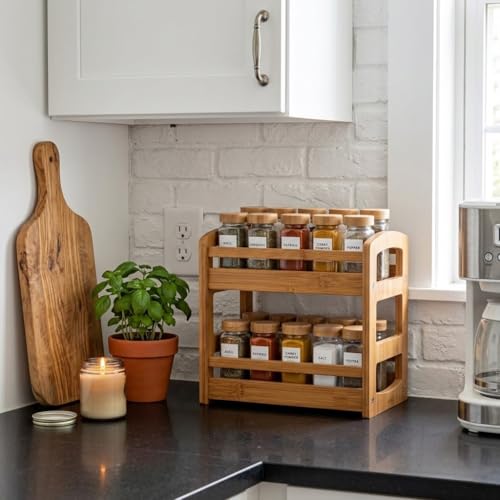 Briful Bamboo Spice Rack Organizer for Countertop, 2-Tier Seasoning Shelf Small Spice Holder for Kitchen Organization Pantry & Cabinet Decor, Brown - Image 4