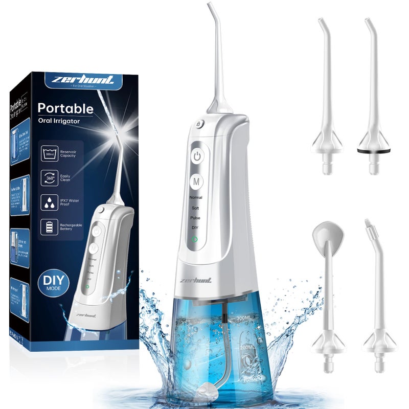 Zerhunt Water Flosser Pick for Teeth 4 Modes Cordless Portable Water Flossers Teeth Cleaner Rechargeable 300ML IPX7 Waterproof Oral Irrigator Flossing Cleaning Picks for Home Travel