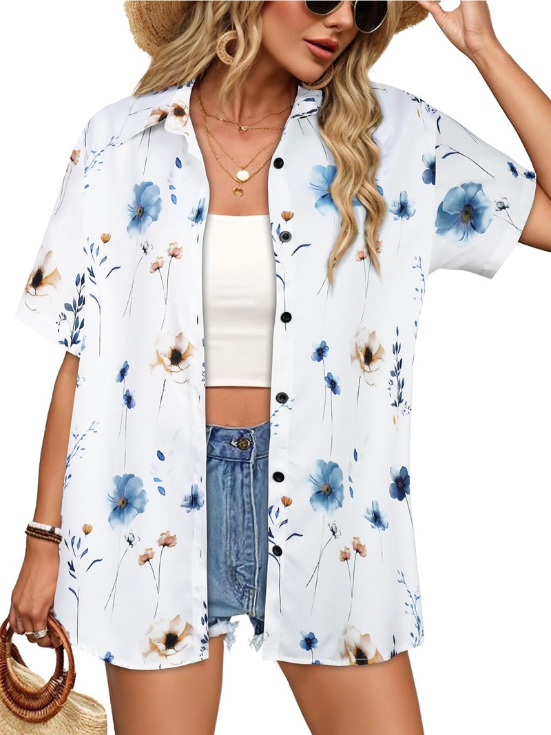 CHICGAL Women Hawaiian Shirt Button Down Summer Tops Beach Cool Short Sleeve V Neck Blouse(White Flower,L) - Image 1