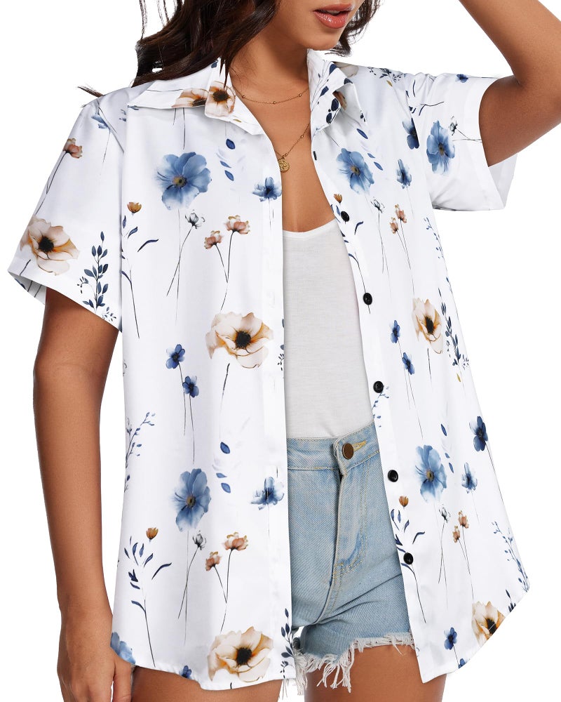 CHICGAL Women Hawaiian Shirt Button Down Summer Tops Beach Cool Short Sleeve V Neck Blouse(White Flower,L) - Image 5